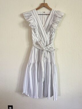 Rebecca Taylor Ruffle Striped V-Neck Tiered Midi Dress Size 8 White Cotton Boho